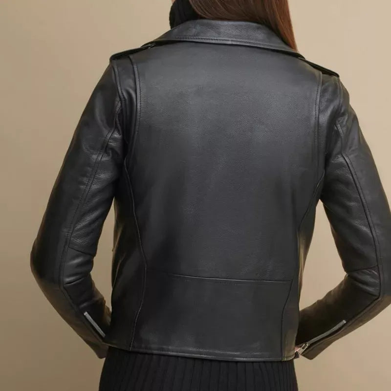 Ladies Biker Leather Jacket – Black – Full Length