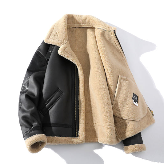 Fleece lined leather jacket front