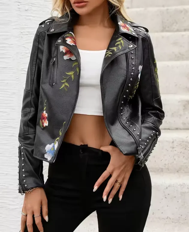 Floral Print Faux Leather Jacket