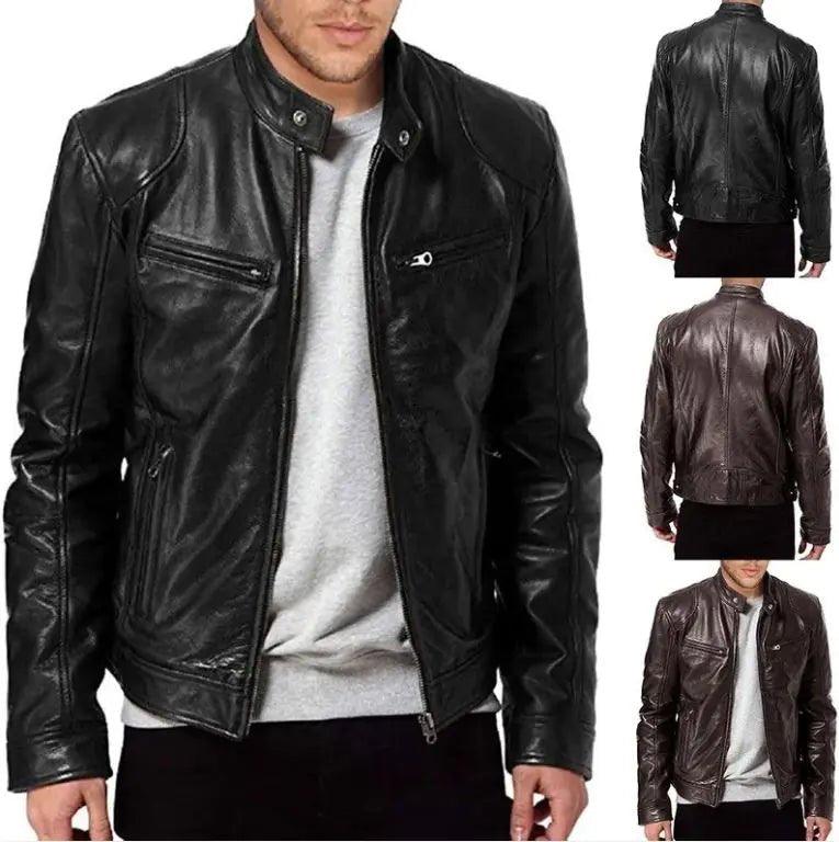 Stand Collar Leather Jacket for Men