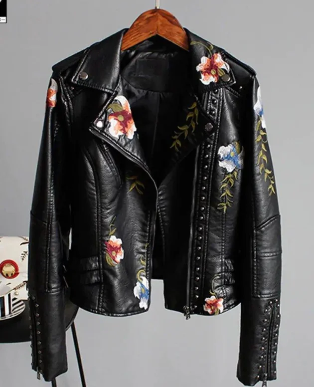 Floral Print Faux Leather Jacket