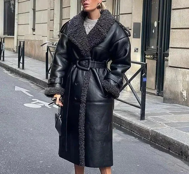Women's Faux Leather Belted Fur Jacket