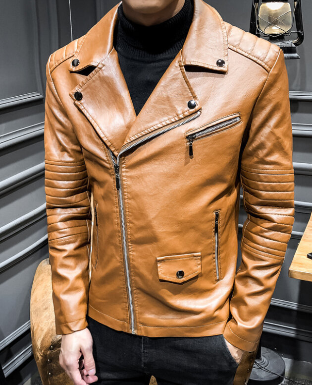 Men's Leather Slim PU Leather Jacket Lapel Jacket