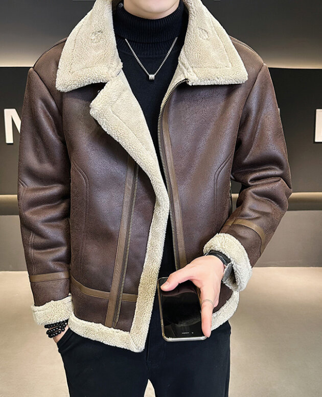 Fur Integrated Motorcycle Jacket Men's Fleece-lined Thickened Leather Jacket